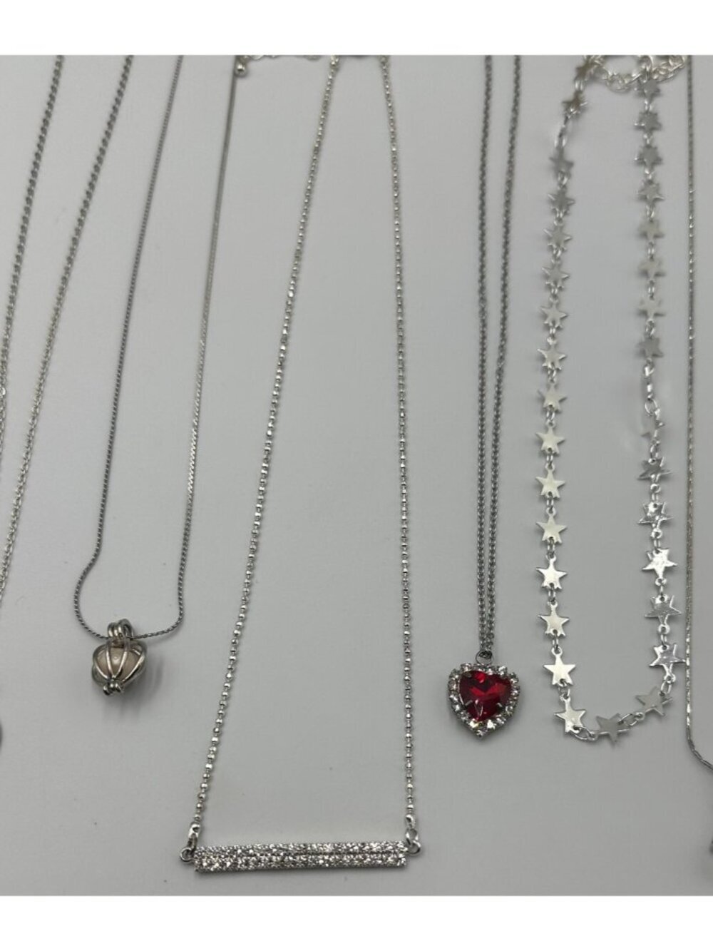 Silver Tone Necklace Lot Dainty Pendants Rhinestone Faux Pearl Chains Layered